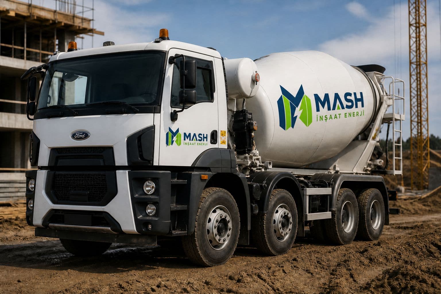 MASH İnşaat Enerji logolu ve plakalı beton mikseri