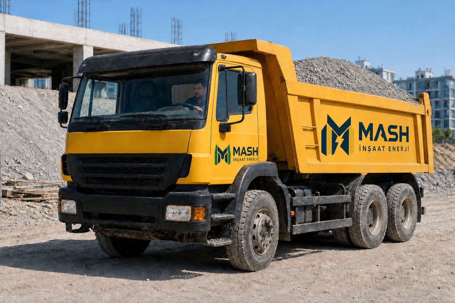MASH İnşaat Enerji logolu ve plakalı damperli kamyon