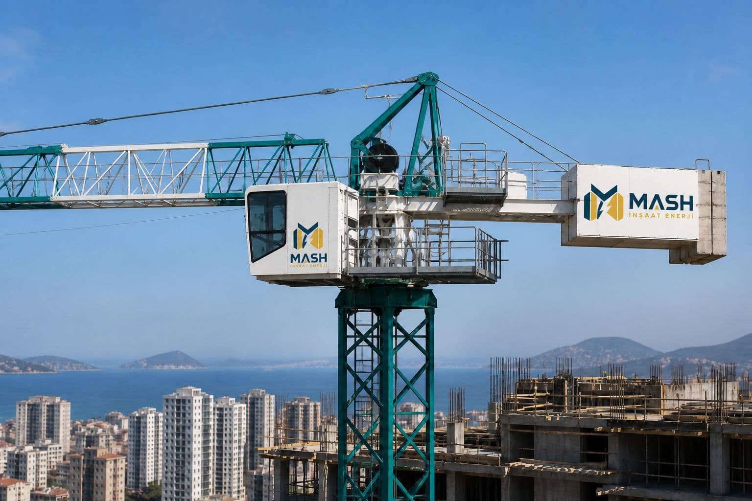 MASH İnşaat Enerji logolu kule vinç