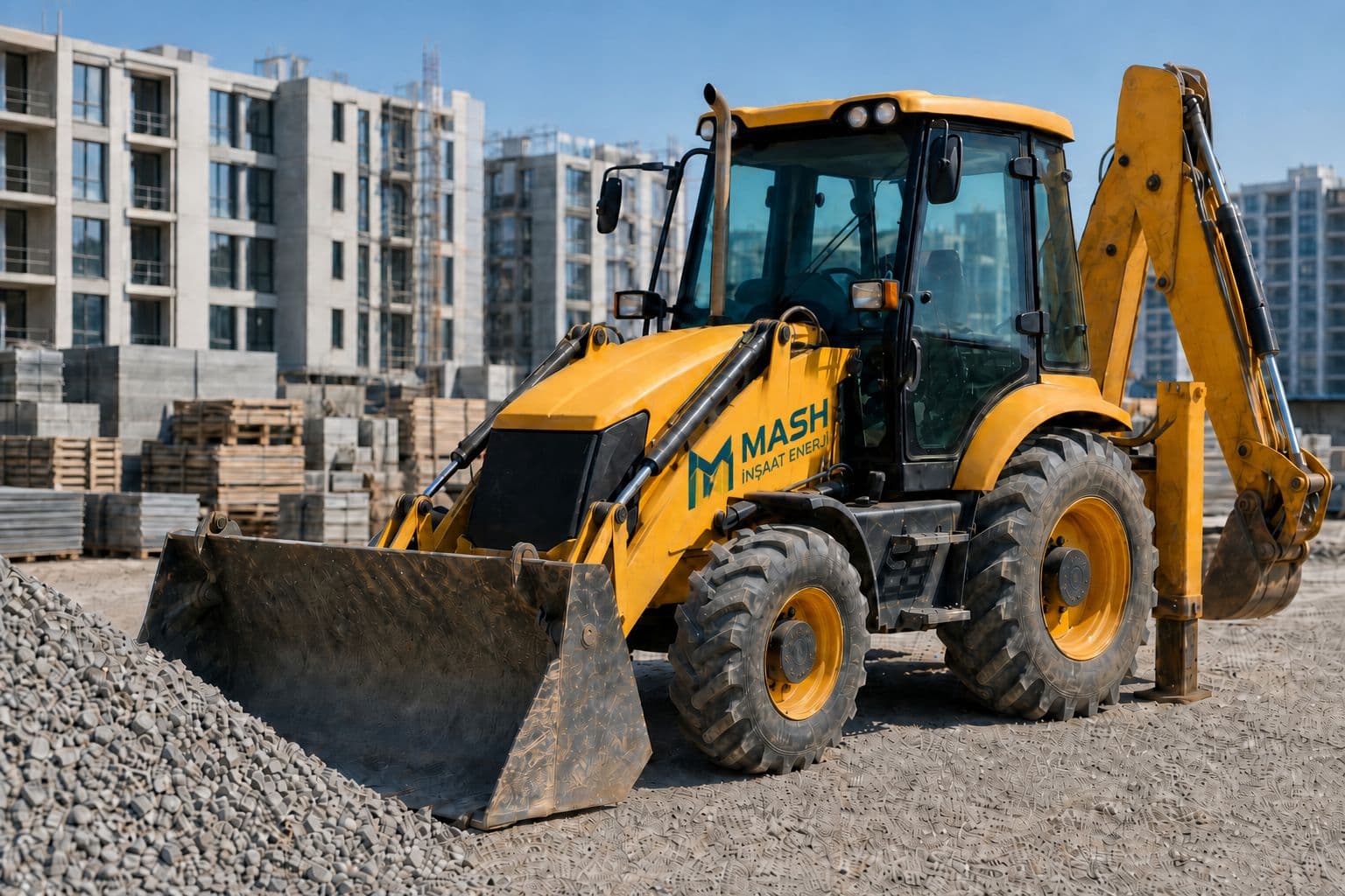MASH İnşaat Enerji logolu lastikli JCB iş makinesi