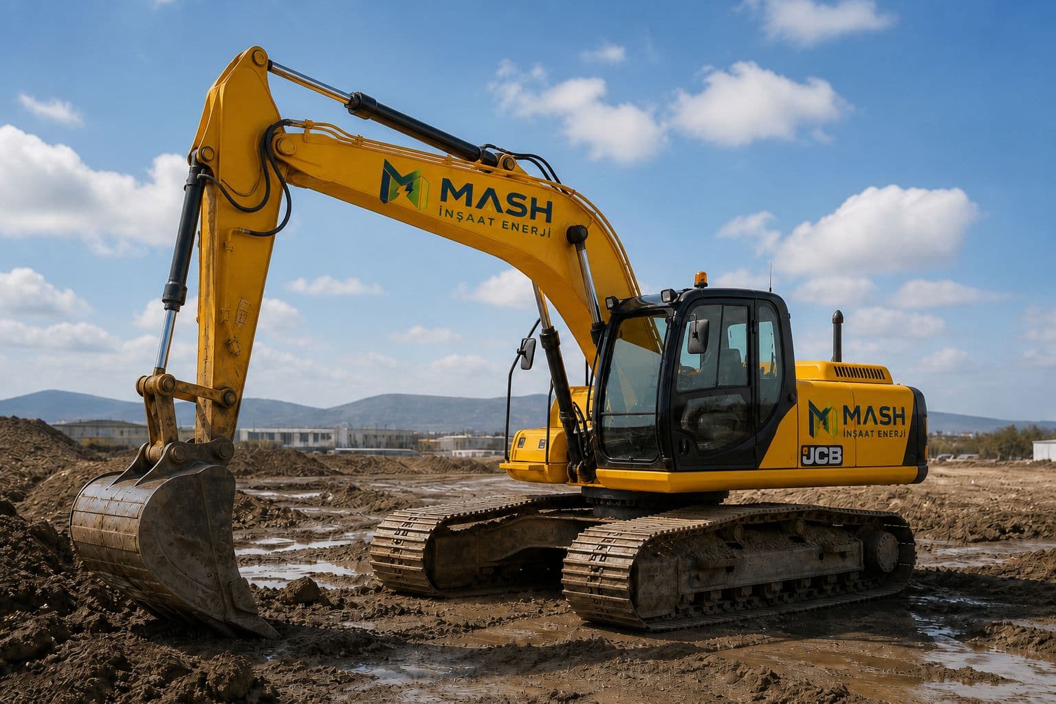 MASH İnşaat Enerji logolu paletli JCB ağır saha makinesi