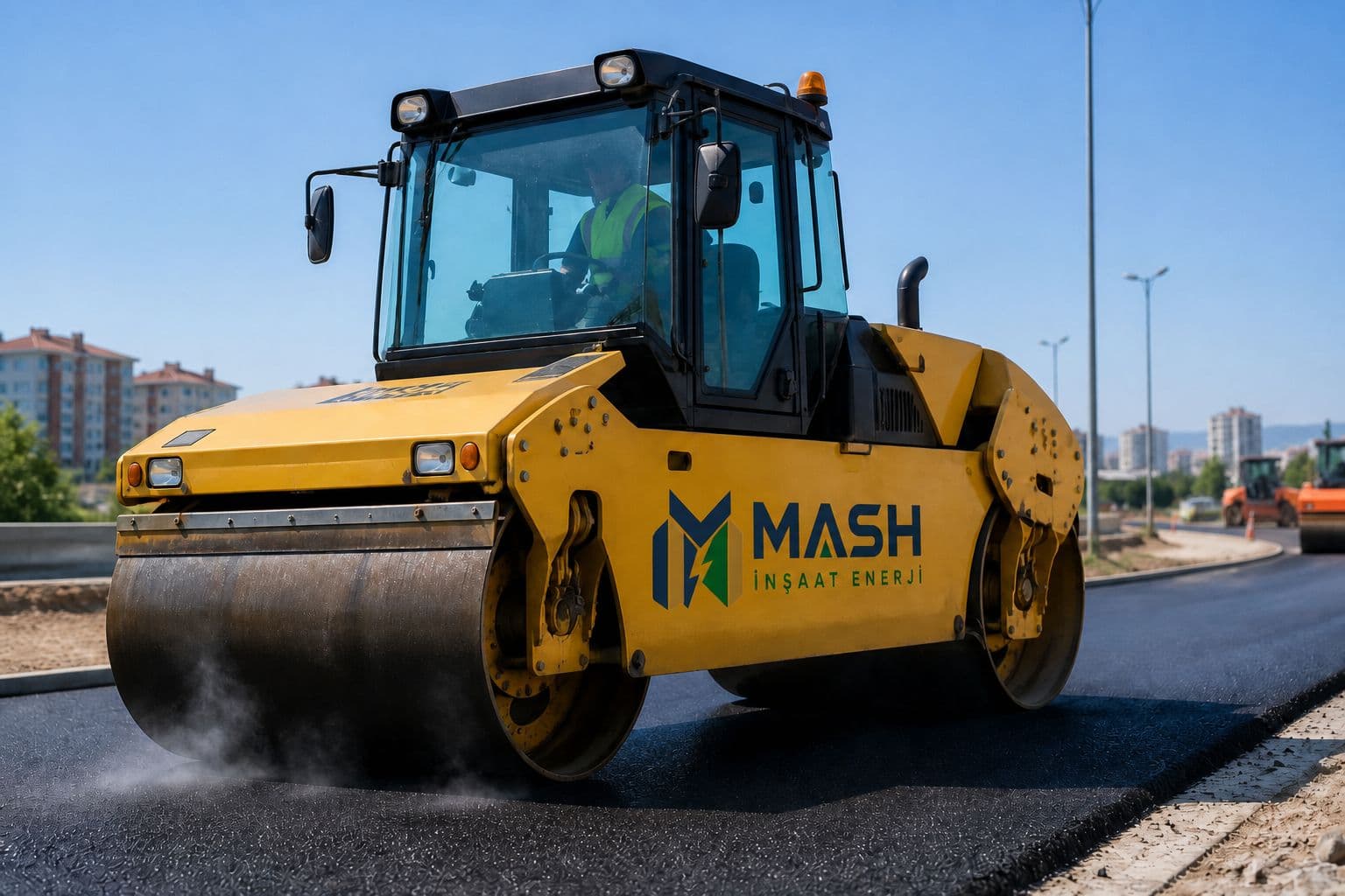 MASH İnşaat Enerji logolu yol silindiri
